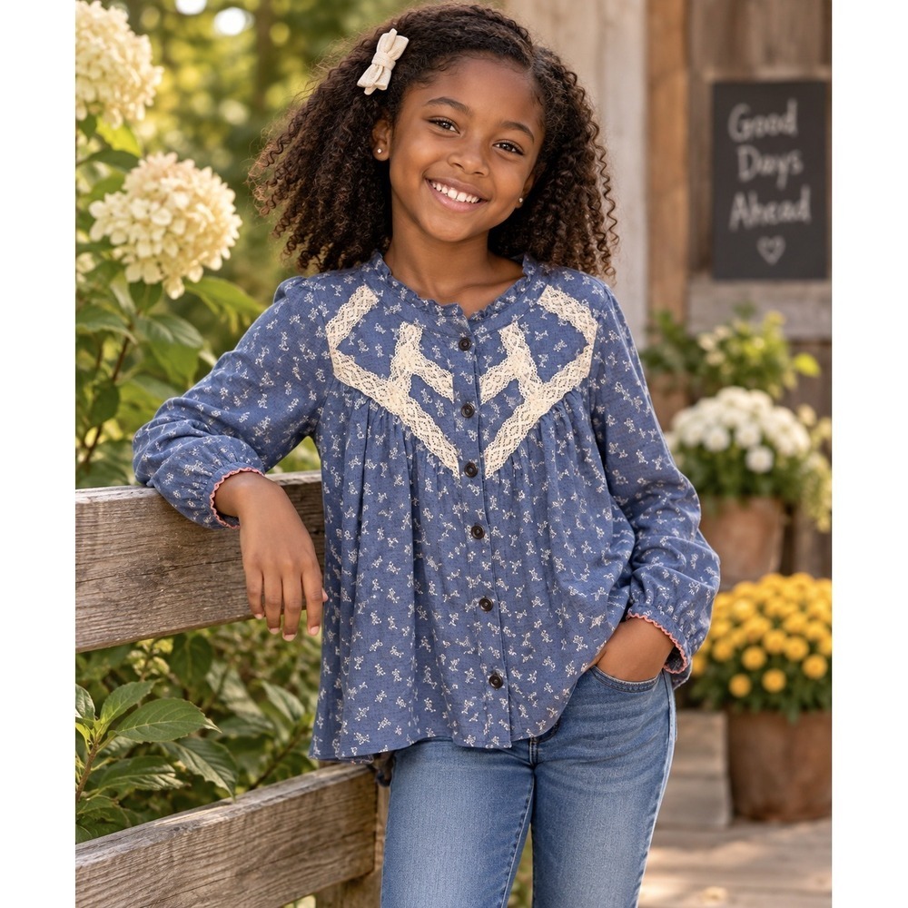 Matilda Jane Girls 10 Blue Floral Lace Button Front Blouse NWT Boutique Boho